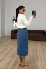 Önü Yırtmaçlı Beli kemerli Kot Etek - Görsel 3