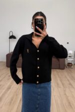 Gold Düğmeli Polo Yaka Hırka Siyah - Görsel 2