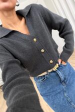 Gold Düğmeli Polo Yaka Hırka Antrasit - Görsel 3