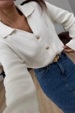Gold Düğmeli Polo Yaka Hırka Ekru - Görsel 3