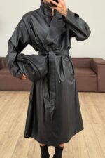 Kuşaklı Uzun Deri Trenç Siyah - Görsel 2