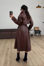 Kuşaklı Uzun Deri Trenç Kahverengi - Görsel 3