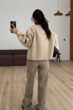 Deri Garni Detaylı Kaşe Ceket Vizon - Görsel 3