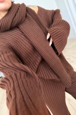 Atkılı V Yaka Triko Takım Kahverengi - Görsel 3