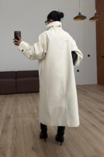 Trend Dik Yaka Kaşe Kaban Ekru - Görsel 4