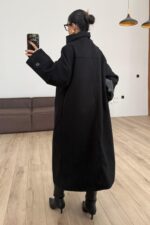 Trend Dik Yaka Kaşe Kaban Siyah - Görsel 4