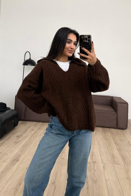 Polo Yaka Triko Kazak Kahverengi