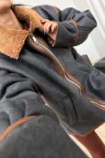 İçi Kürklü Deri Biyeli Ceket Lacivert - Görsel 2