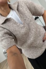 Kısa Kollu Polo Yaka Triko Kazak Vizon - Görsel 2