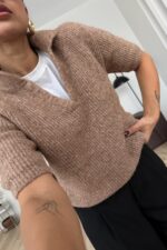 Kısa Kollu Polo Yaka Triko Kazak Sütlü Kahve - Görsel 3