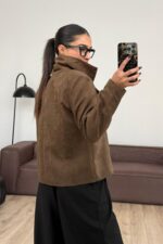 Kruvaze Kısa Süet Ceket Haki - Görsel 4