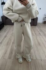 Paçası Bağcıklı Dik Yaka Eşofman Takım Bej - Görsel 3