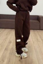 Paçası Bağcıklı Dik Yaka Eşofman Takım Kahverengi - Görsel 2