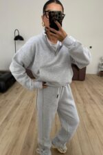 Paçası Bağcıklı Dik Yaka Eşofman Takım Gri - Görsel 3