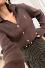 Gold Düğmeli Polo Yaka Hırka Kahverengi - Görsel 2