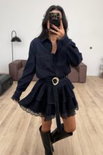 Güpür Detaylı Gold Tokalı Lacivert Elbise - Görsel 2