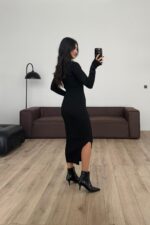 Kalp Yaka Ribana Kumaş Elbise Siyah - Görsel 4