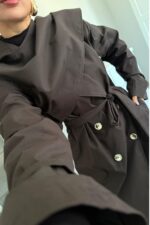 Şallı Düğmeli Uzun Trençkot Acı Kahve - Görsel 3