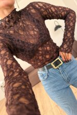 Balıkçı Yaka Dantel Bluz Kahverengi - Görsel 3