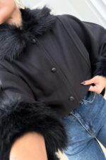 Yarasa Kollu Kürk Detaylı Panço Siyah - Görsel 3