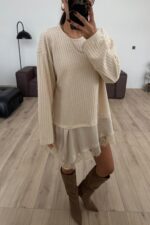 Asimetrik Kesim Güpürlü Bluz Bej - Görsel 3