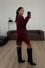 Asimetrik Kesim Güpürlü Bluz Bordo - Görsel 3