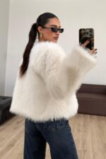 Erus Tüylü Kürk Ceket Ekru - Görsel 3