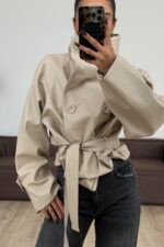 Yumuşak Derili Dik Yaka Ceket Bej - Görsel 2