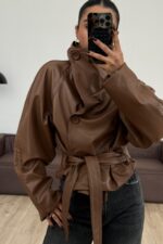 Yumuşak Derili Dik Yaka Ceket Kahverengi - Görsel 2