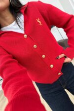 Gold Düğmeli Polo Yaka hırka Kırmızı - Görsel 2