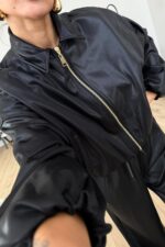 Parlak Kumaş Fermuarlı Ceket Takım Siyah - Görsel 3