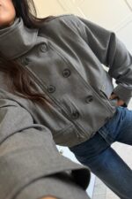 Tasarım Düğmeli Bomber Ceket Gri - Görsel 3