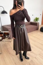 Kemerli Uzun Deri Etek Kahverengi - Görsel 2