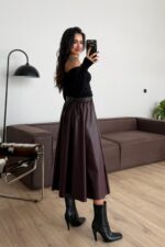 Kemerli Uzun Deri Etek Bordo - Görsel 3