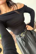 Asimetrik Yaka Uzun Kollu Bluz Siyah - Görsel 2