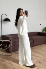 Yumoş Madonna Yaka Pantolon Takım Beyaz - Görsel 5