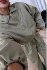 Parlak Kumaş Fermuarlı Ceket Takım Çağla - Görsel 3