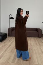 Astarlı Kruvaze Yaka Kaşe Kaban Kahverengi - Görsel 4