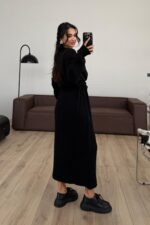 Dokulu Triko Elbise Siyah - Görsel 3