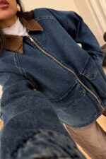 Fermuarlı Kadife Yaka Denim Ceket - Görsel 6