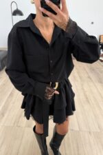 Güpür Detay Gold Tokalı Siyah Elbise - Görsel 3