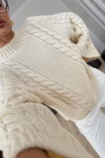 Pinterest Saç Örgülü Kazak Ekru - Görsel 2