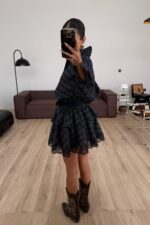 Kemerli Güpür Detay Kat Etek Lacivert - Görsel 3