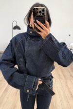 Kuşaklı Dik Yaka Bomber Ceket Lacivert - Görsel 2