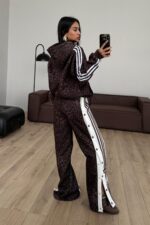 Çıtçıtlı Leopar Desenli Eşofman Takım Kahverengi - Görsel 4