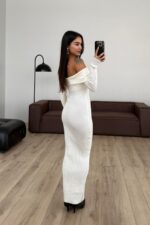 Madonna Yaka Fitilli Uzun Elbise Ekru - Görsel 4