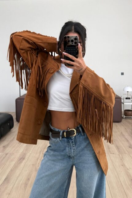 Püsküllü Süet Ceket Camel