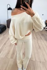 Kayık Yaka Beli Katlamalı Takım Bej - Görsel 2