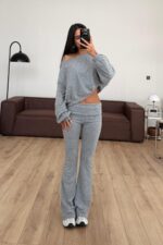 Kayık Yaka Beli Katlamalı Takım Gri