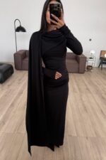 Fularlı Beli Büzgülü Soft Touch Elbise Siyah - Görsel 3